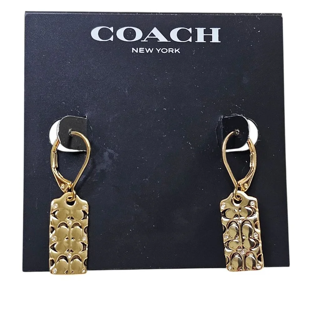 Coach New York Gold Logo Quilted Drop Earrings NWT - Picture 2 of 7